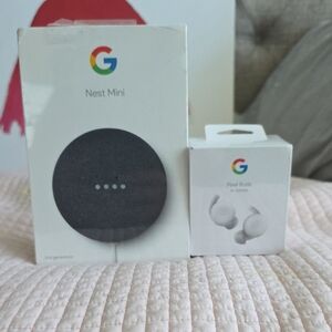 NEW Google Nest Mini Charcoal and Pixel Buds A-Series White